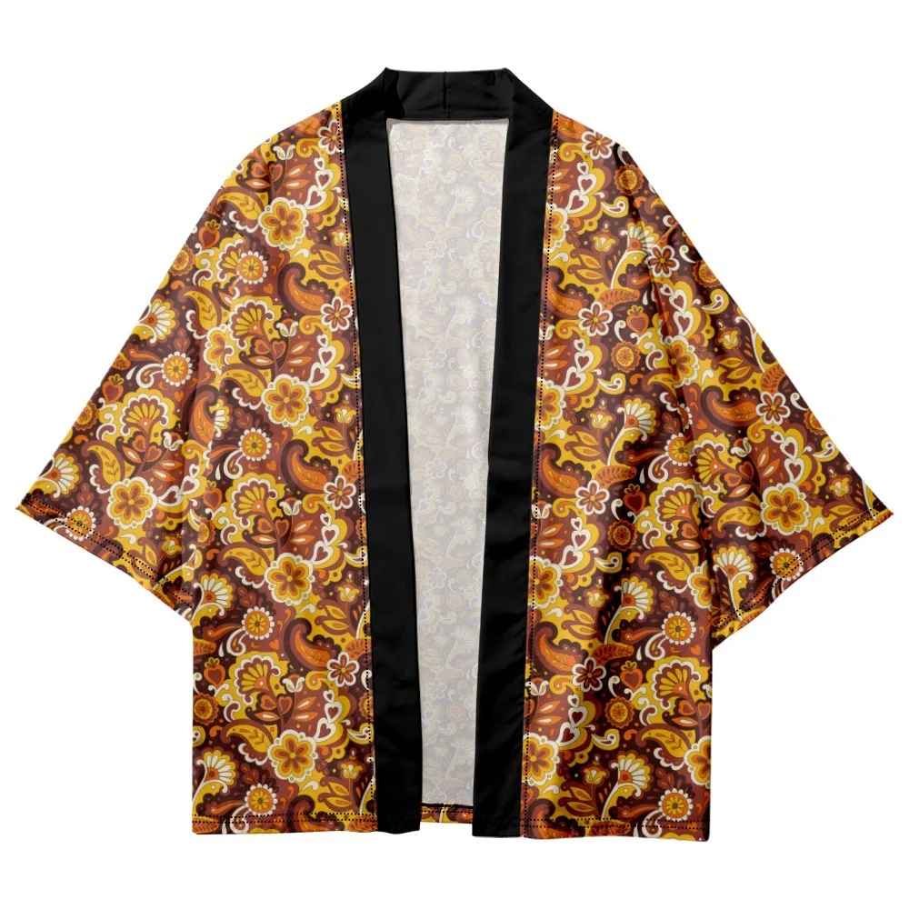 Streetwear Orange Cashew Flower Print Haori 2023 Fashion Men Women Cardigan Beach Yukata Clothes Japanese Kimono Plus Size