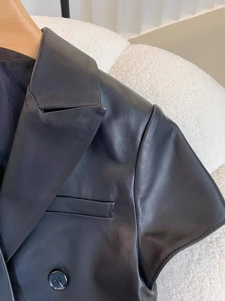 جديد إمرأة جلد الغنم سترة جلدية حقيقية سترة مزدوجة الصدر سليم صالح عالية الخصر متوسطة طويلة مكتب سيدة الموضة صدرية #4