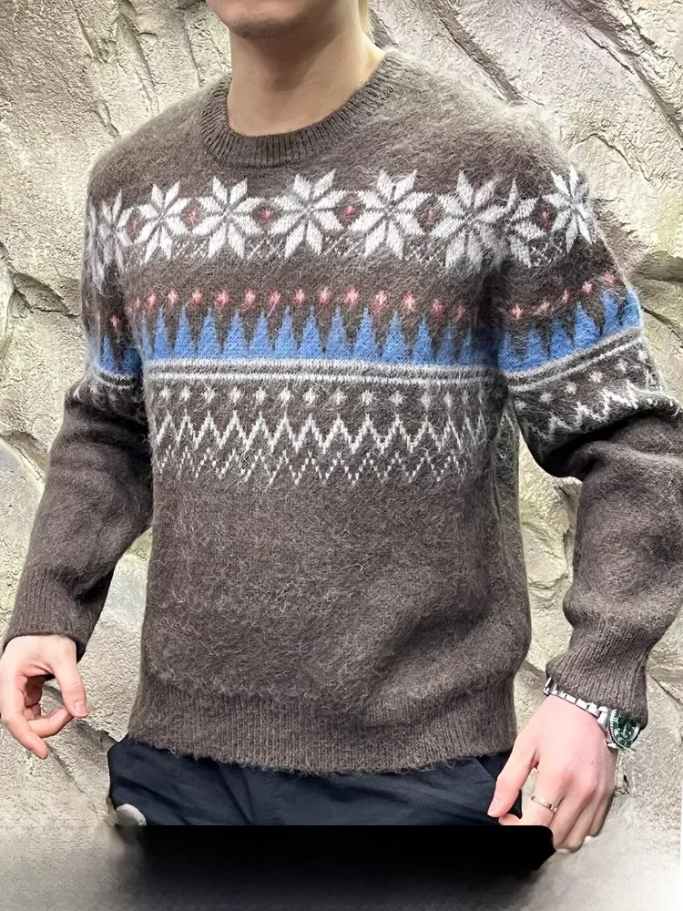 

Мужской вязаный свитер с геометрическим узором, круглый вырез, смесовая ткань, осень-зима, повседневный, комфортный, дышащий, с длинными рукавами