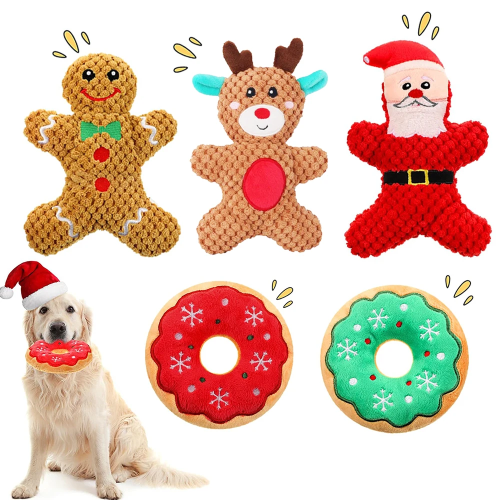 Juguete de peluche con chirrido para perros, Papá Noel, alce, hombre de jengibre, Donut, gato, perro, dibujos animados, sonido de peluche, juguetes para masticar, regalo de Navidad, productos para mascotas