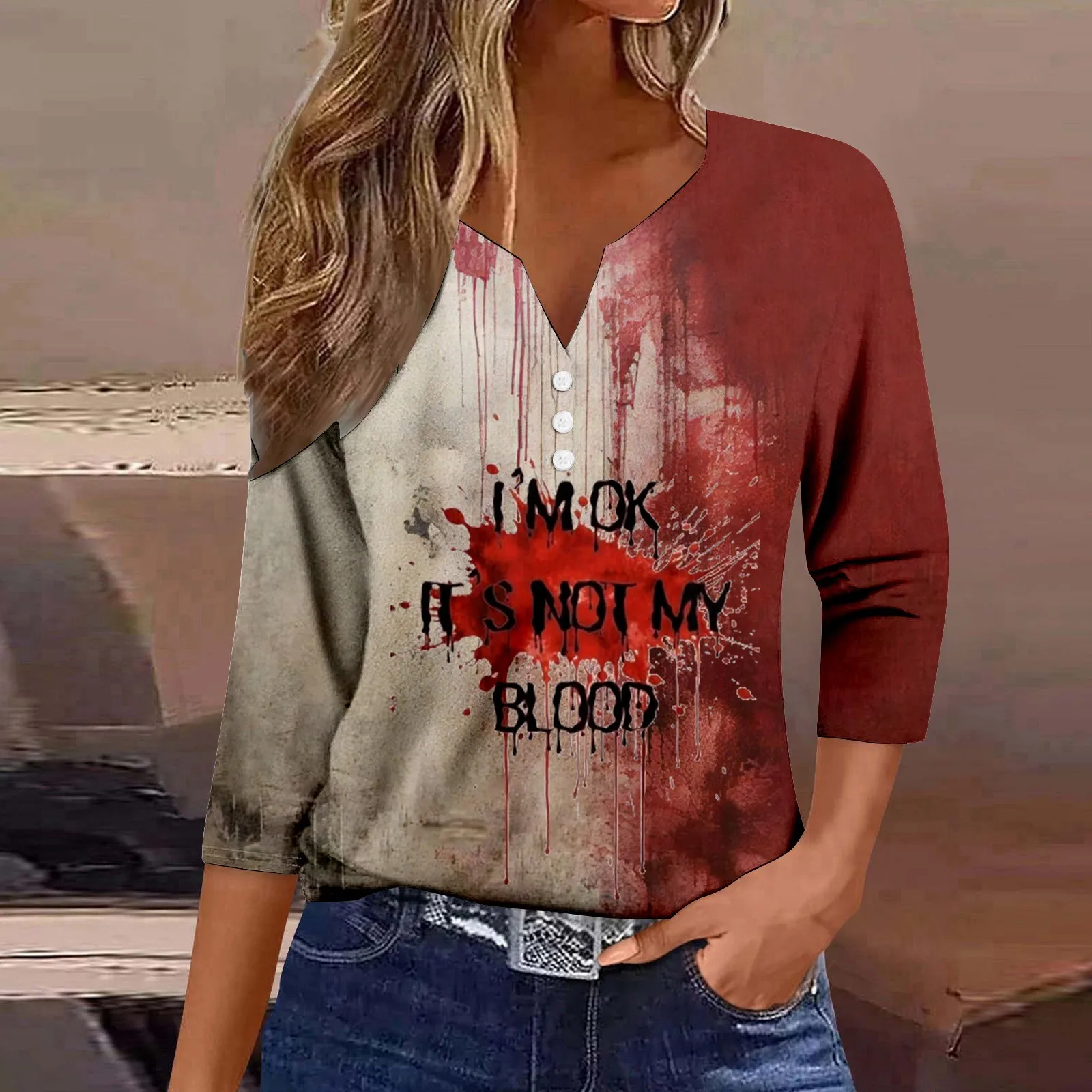 Women Halloween 3 Of 4 Button Down V Neck Funny Letter Print T Shirt Top Clothes Bloody Shirt Womens Shirts Casual