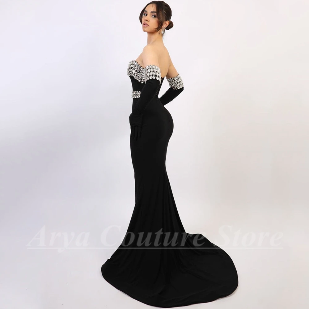 Charming Strapless Mermaid Evening Dress Classic Black with Diamond Decoration Sexy Open Back Sweep Train Party Gowns Custom