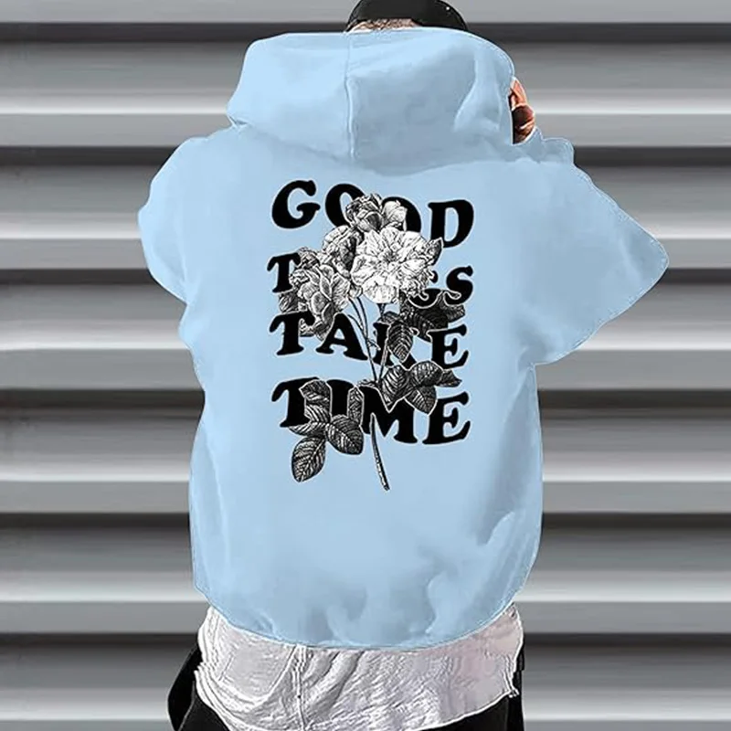 Men's Floral Slogan Graphic Hoodies Drop Shoulder Long Sleeve Pullover Hoodie Sweatshirts XS-5XL