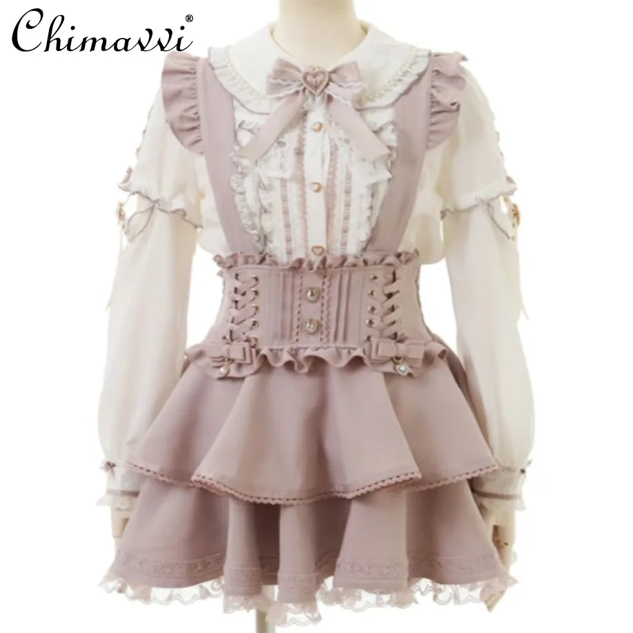 

Japanese Liz Sweet Girl Detachable Back Big Bow Strap Skirt Spring and Summer New Lolita High Waist Kawaii Princess Mini Skirt