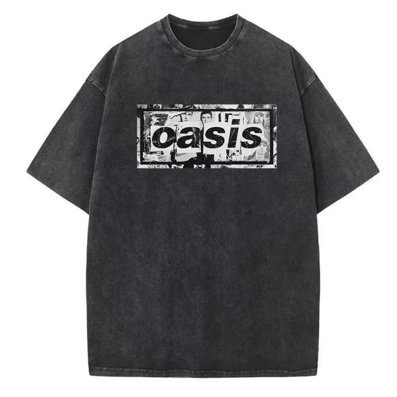 

American Trend Washed Retro T-Shirt Short Sleeved Oasis Live 25 Rock Band Round Men'S Unisex Pure Cotton Oversized Loose Top