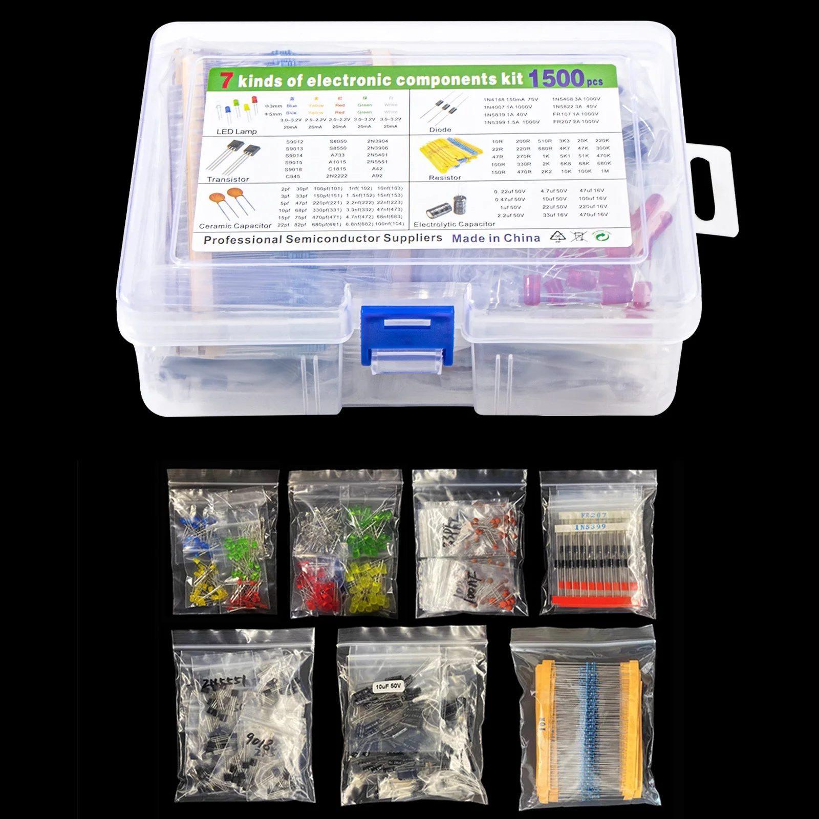 مجموعة متنوعة لمكونات الإلكترونيات ، مكثفات ، Led ، مقوم ، مقاوم ، ترانزستور لاردوينو ، مشروع تصنعه بنفسك ، وقي