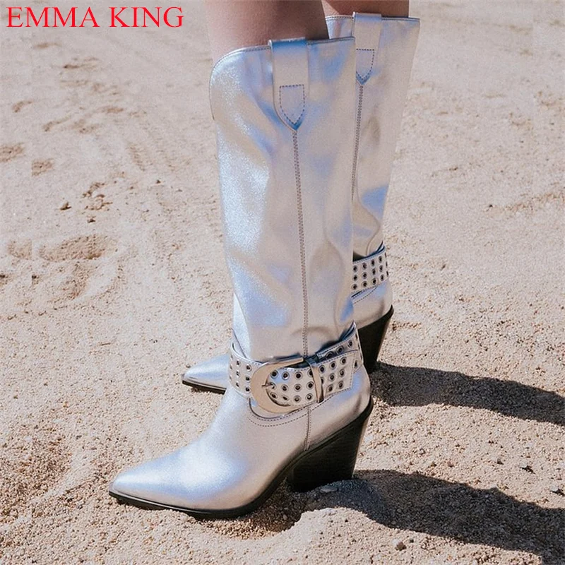 

Sliver Women's Buckle Western Boots Thick High Heel Casual Shoes Female Tall Knee High Boots Pointed Toe Cowboy Boots For Women