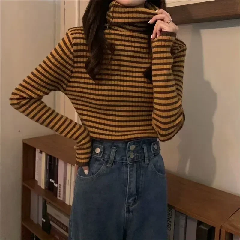 New Black Striped Sweater Women Knitted Pullover Autumn Long Sleeve Turtleneck Knitwear Slim Fit Bottoming Shirt Stretch Jumpers