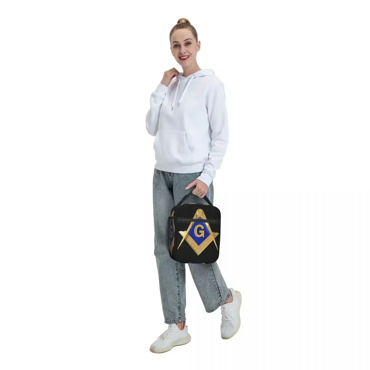 Custom Gold Square Compass Masonic Freemason Lunch Bag Men Women Cooler Warm Insulated Lunch Boxes for Student School