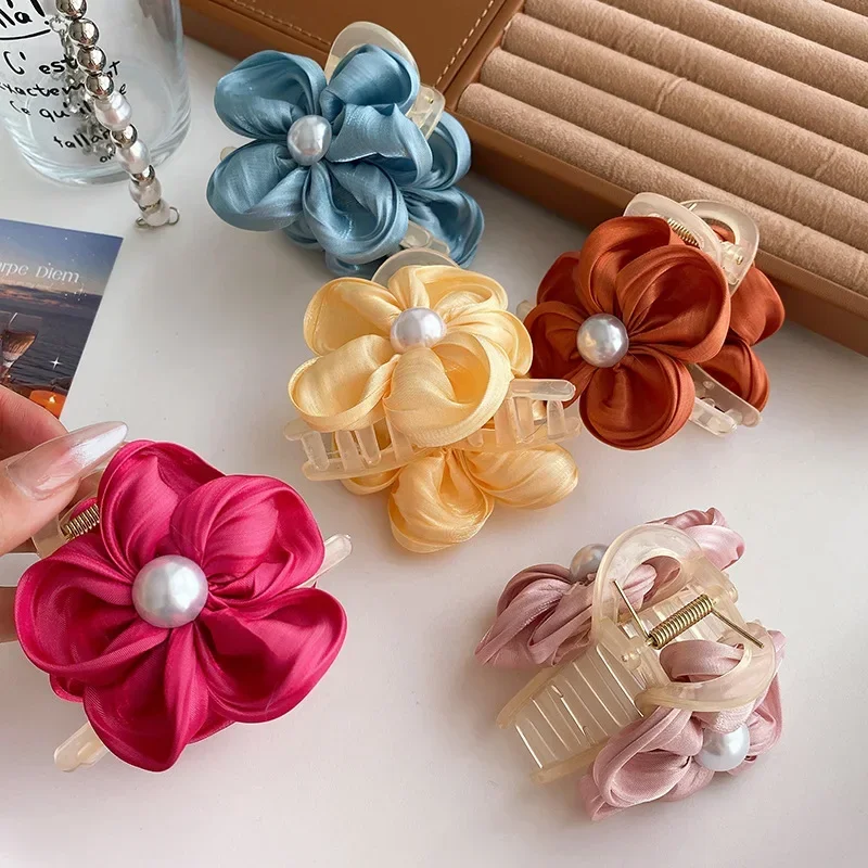 Fabric Egg Flower Hair Claw Clips Women Girls Sweet Cute Acrylic Pearl Hairpins Summer Beach Hawaiian Headwear Hair Accessories