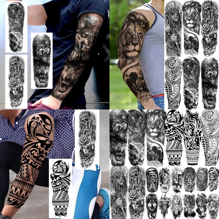 

20 Sheets Black Tribal Wolf Tiger Lion Temporary Tattoo Sleeve For Men Adults, 3D Halloween Prison Gothic Maori Sleeve Tattoos For Women, Fake Full Arm Sleeve Tattoo Stickers Skull Skeleton