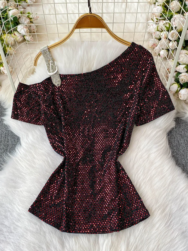 

Sexy European Sle ort Sve T-irt Women's Slim Fit Sparkling Starry Night Top Trendy Commute Sle Korean Version