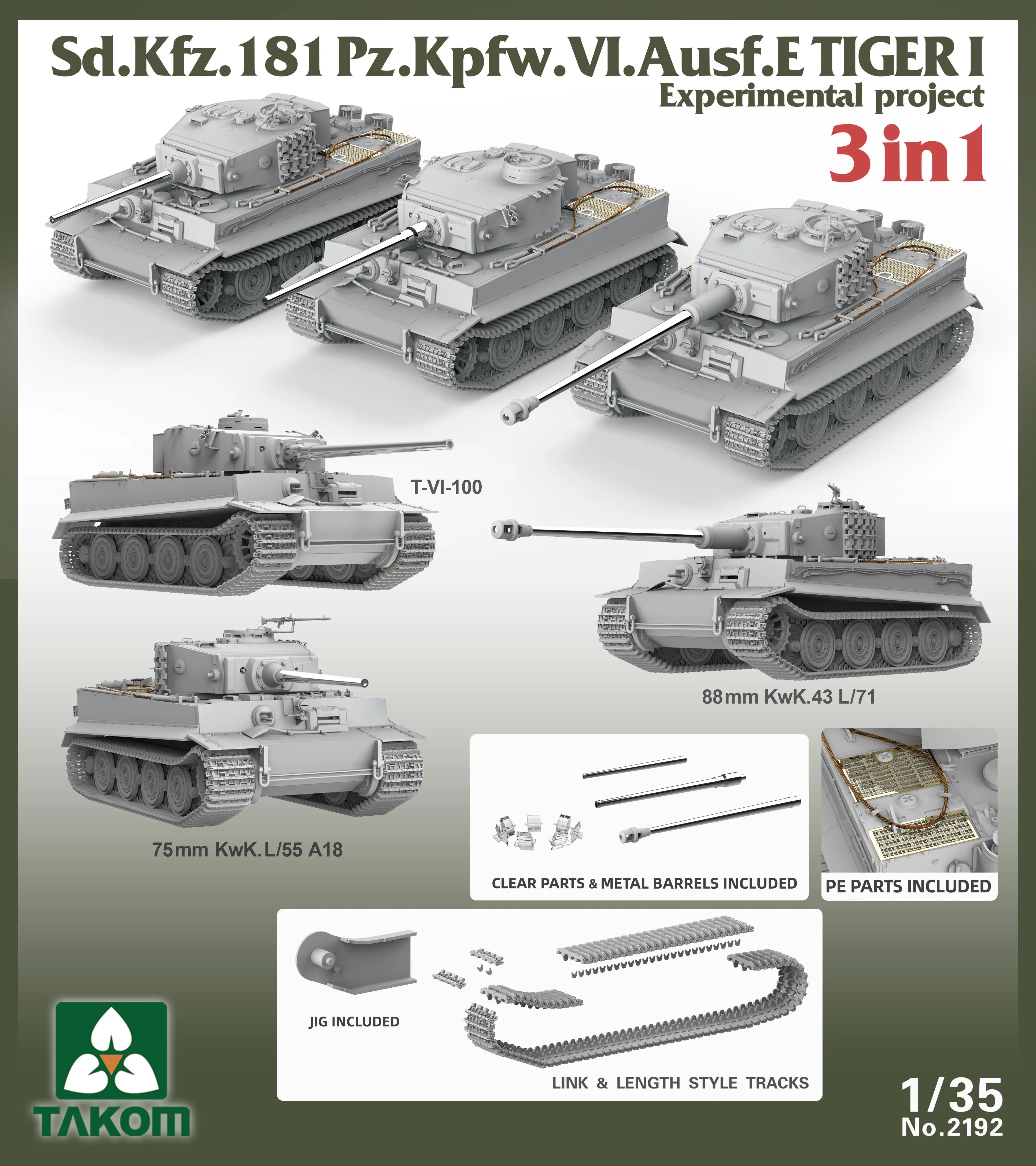 Projeto Experimental TAKOM, 3 em 1, 2192, 1:35, Sd Kfz181, Pz Kpfw.VI, Ausf.E Tiger I