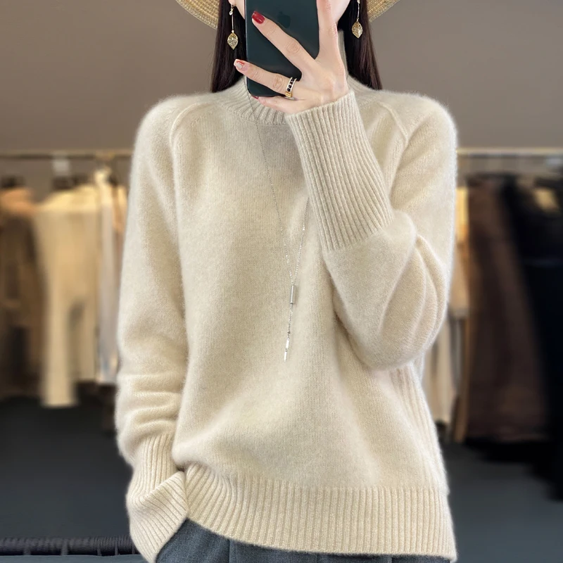 Half-high-necked sweater with wool inside in autumn and winter, soft and loose bottoming sweater for women, thick coat in winter