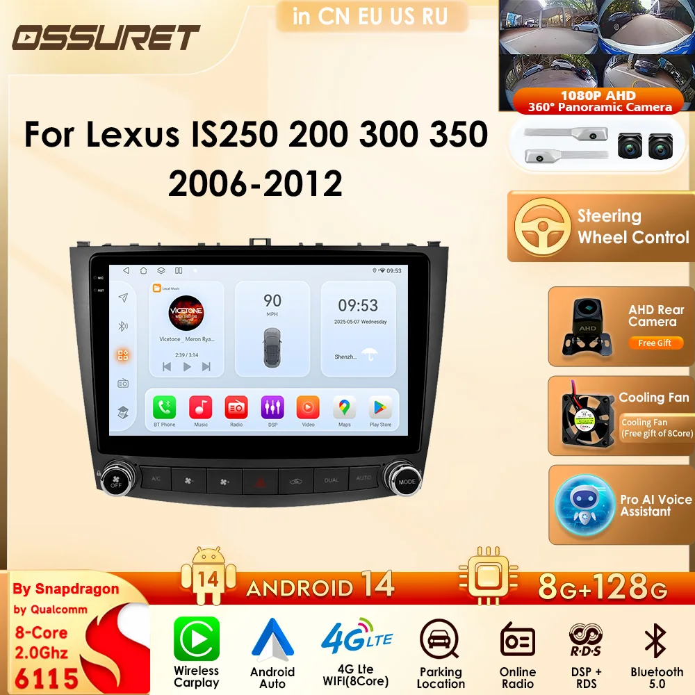 Android 14 Wireless Carplay Auto Radio For Lexus lS250 200 300 350 2006 - 2012 Multimedia Player Navigation GPS DSP Head Unit