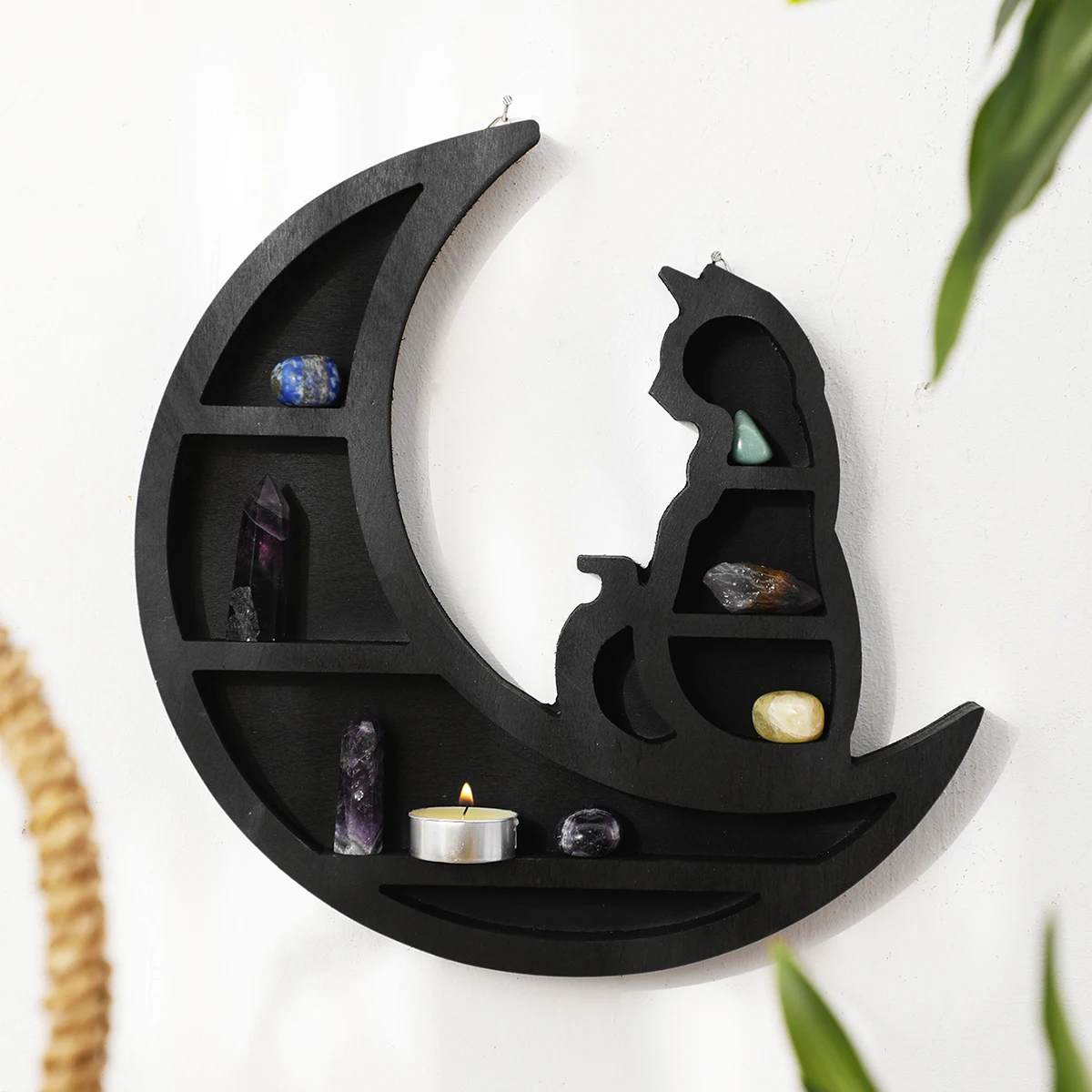 

Cat on The Moon Shelf for Crystals Black Wooden Wall Shelves ,Crystals Display Shelf ,Essential Oil,Small Plant Art Gothic Decor