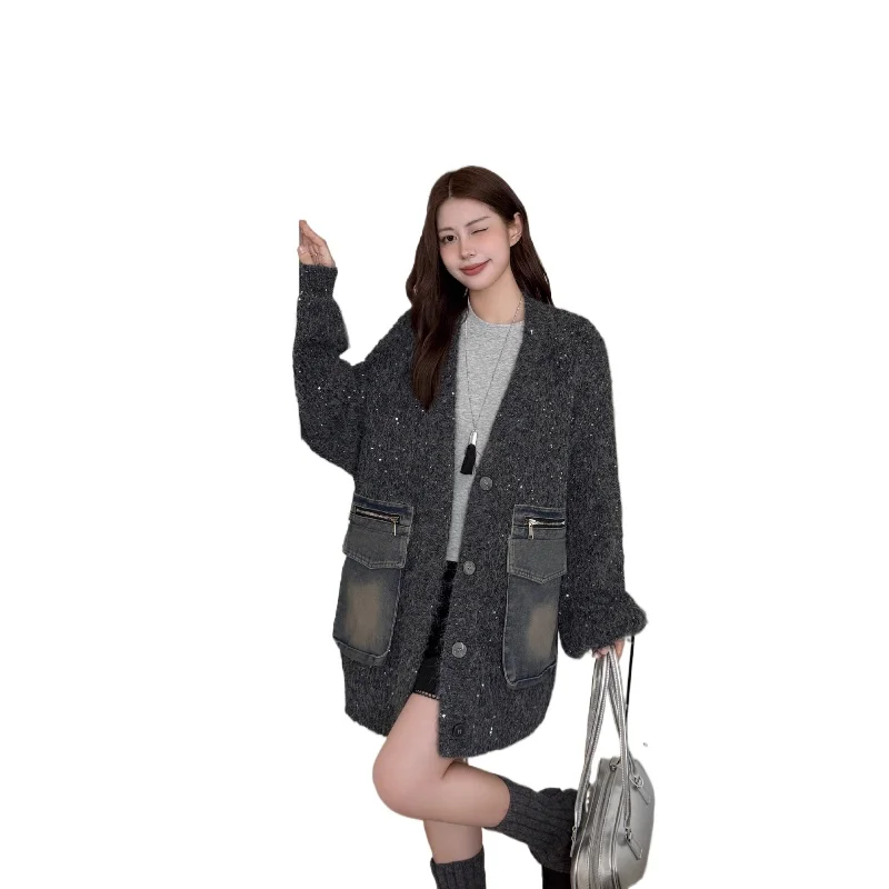 

Design Sense Lazy Style Denim Sweater Cardigan for Women 2025 New Autumn and Winter Mid Length Knitted Jacket for Women