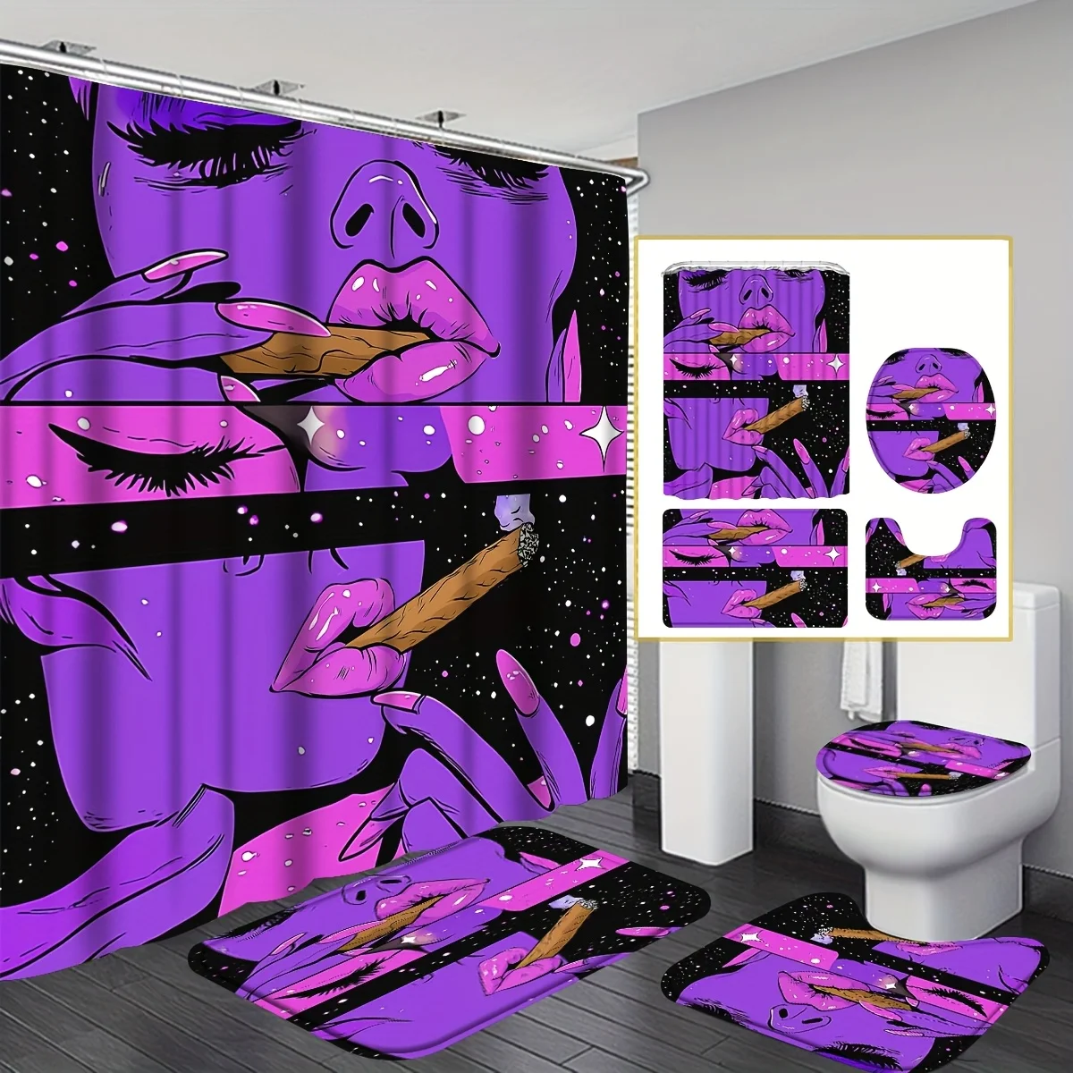 

Комплект из 4 предметов: модный набор для ванной комнаты с принтом губ, стильные женские шторки для душа с принтом, полный комплект