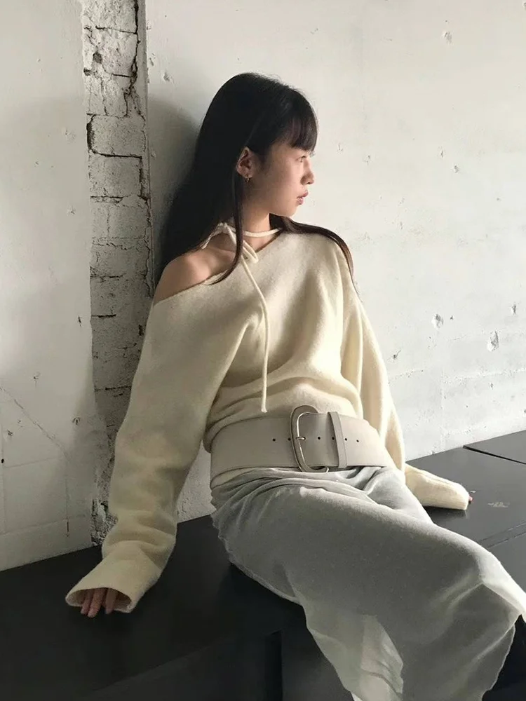 

Вязаный свитер Dongda Gate Design с длинными рукавами, женский, сексуальный, на одно плечо, с поясом, повседневный, для работы, из полиэстера