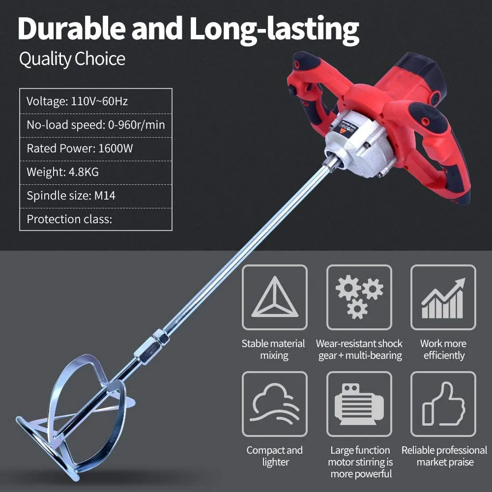 High Speed Portable Electric Mixer Agitator With Stainless Steel Mixing Rod For Cement Plaster Paint Stirring