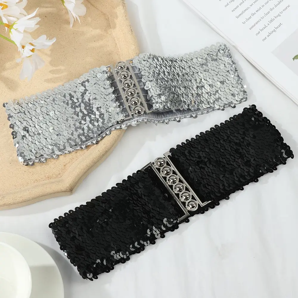 Fashion Casual Cinch Ladies Dress Cummerbands Metal Buckle Waistband Belly Waist Band Sequin Wide Elastic Belt