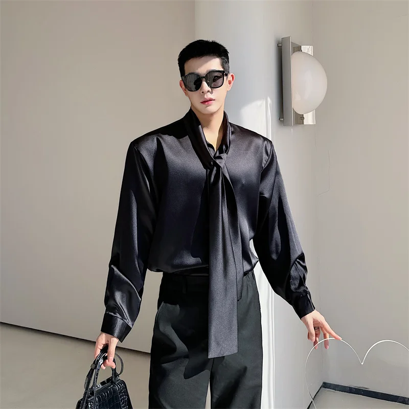 

SYUHGFA Korean Fashion Men's Shirt Bow Tie Design Loose Simple Fresh Long Sleeve Casual 2024 Spring Solid Color Male Tops