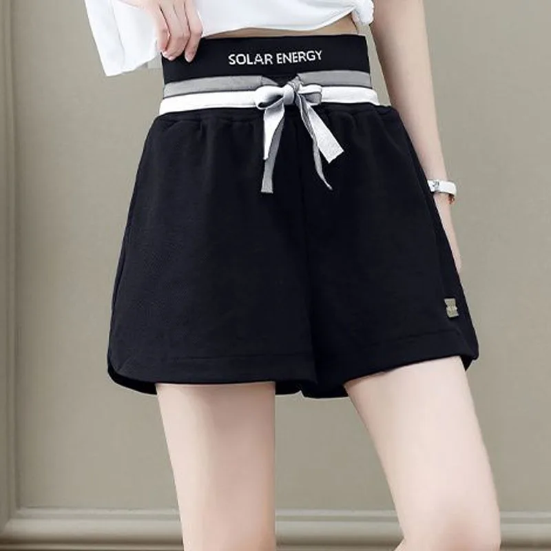 Korean All-match Solid Color Spliced Drawstring Shorts Fashion Women's Clothing Elastic High Waist Casual Loose Shorts Female