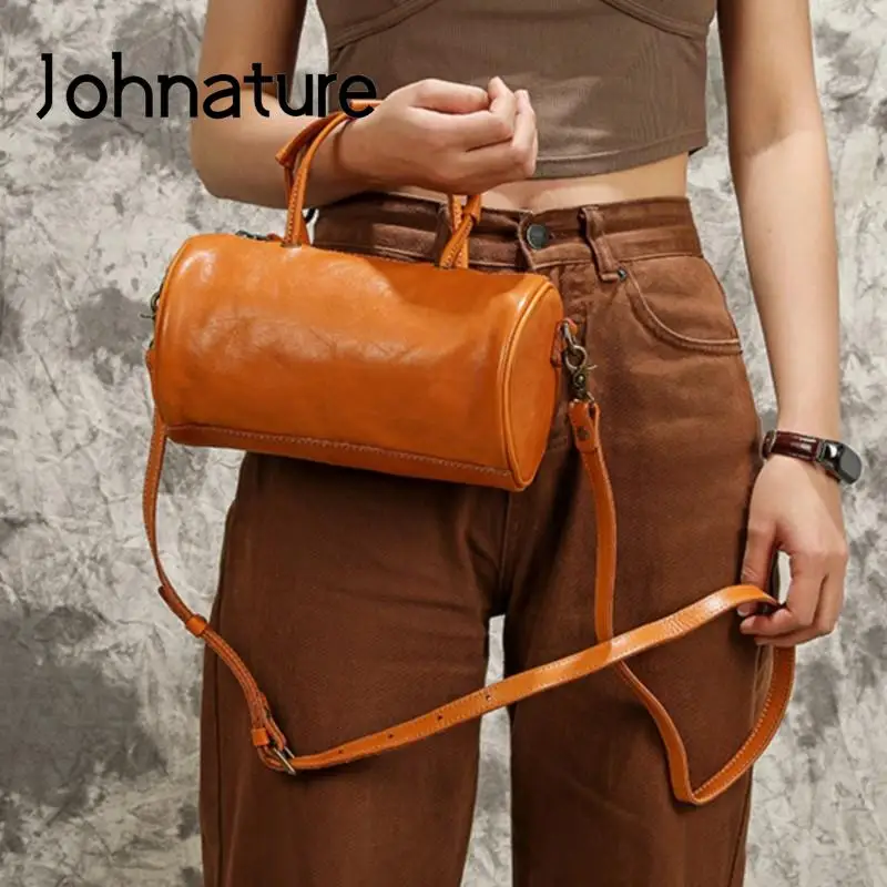 

Johnature Versatile Handbag Simple Genuine Leather Women Bag 2024 New Retro Natural Soft Real Cowhide Shoulder & Crossbody Bags