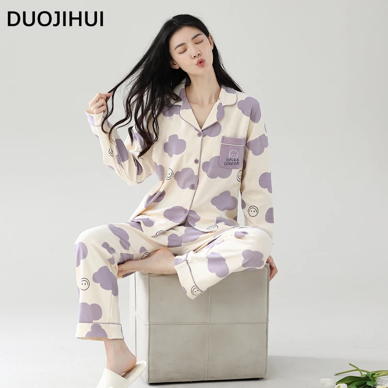 DUOJIHUI Classic Two Piece Casual Home Pajamas for Women New Contrast Color Button Cardigan Basic Pant Autumn Female Pajamas Set