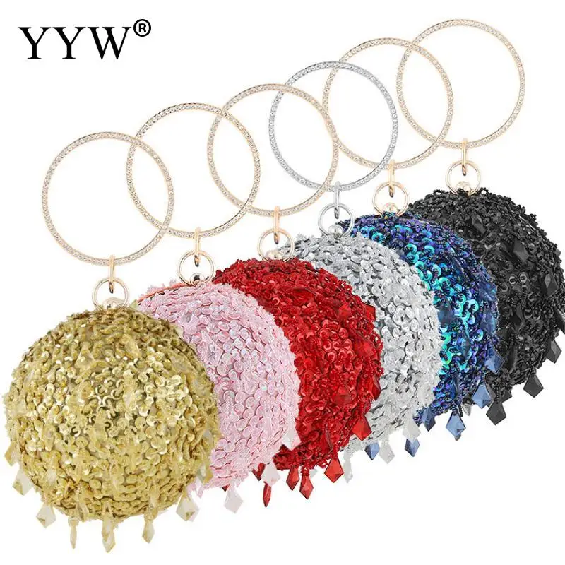 Luxury Bling Sequins Round Ball Women Clutch Bag Crystal Bead Tassel Embroidery Bridal Wedding Party Rhinestone Top Handle Purse