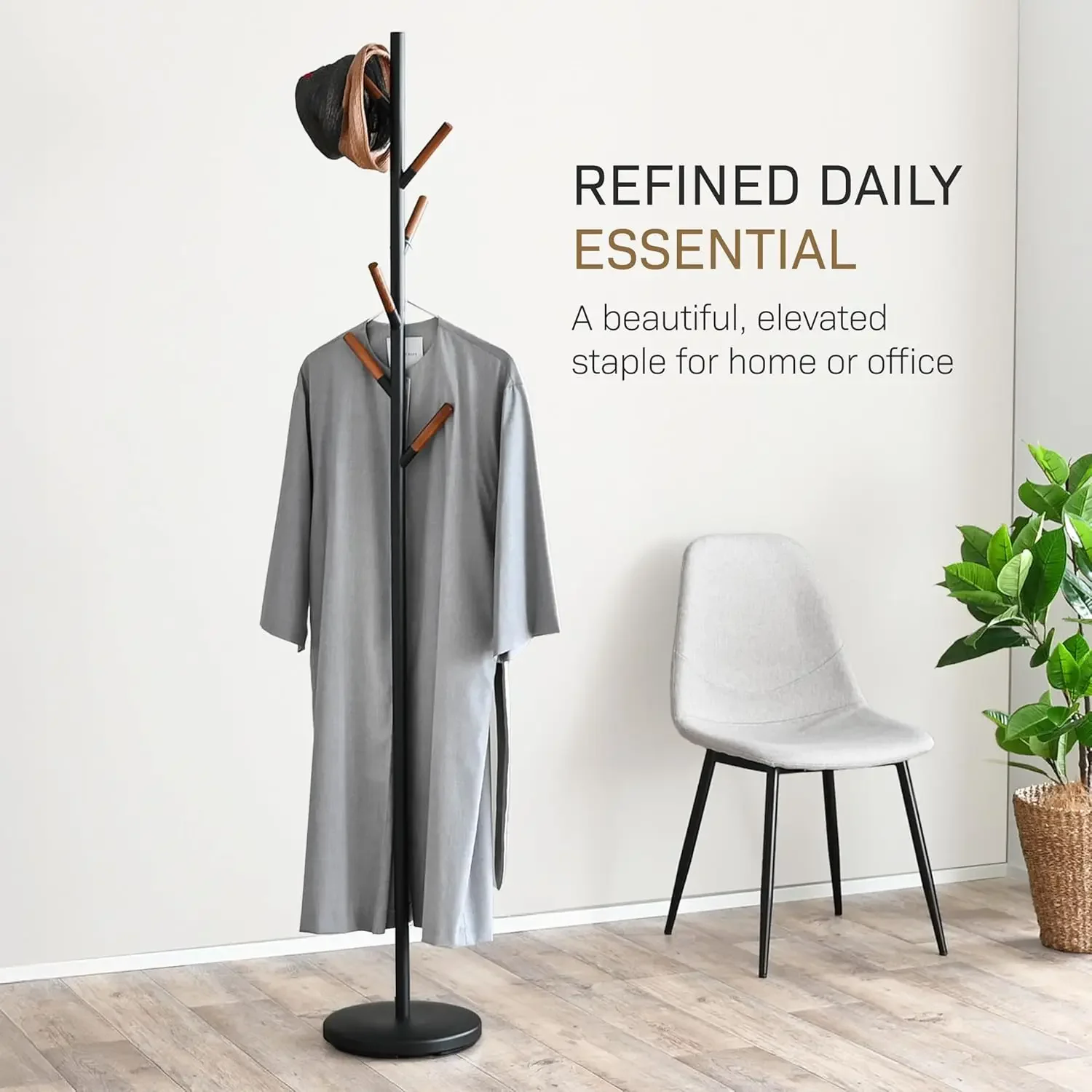 Home Freestanding Coat Rack Stand – Modern Coat Tree With Wooden Hooks, Standing Coat Hanger For Entryway, Sturdy Weighted Base,
