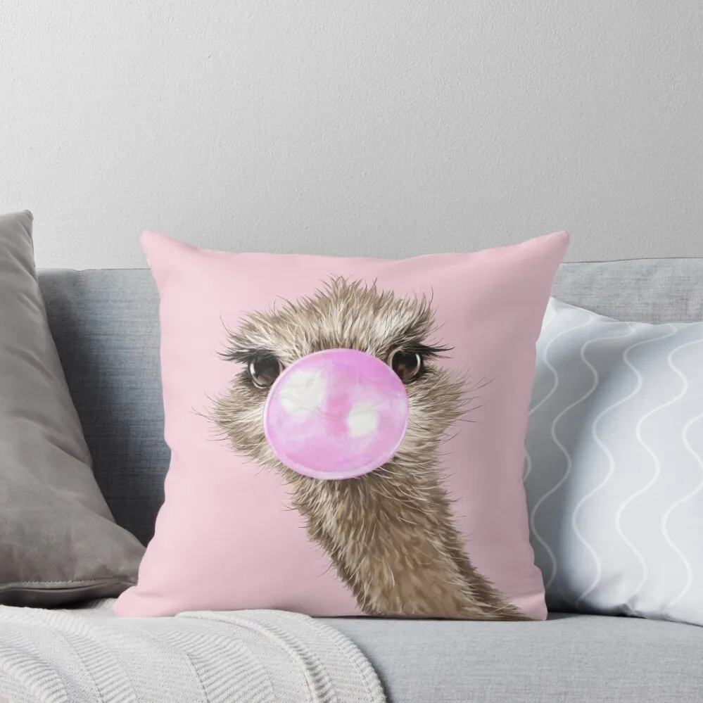 Sneaky Ostrich with Bubble Gum in Pink Throw Pillow ornamental pillows for living room Cushions For Children pillow