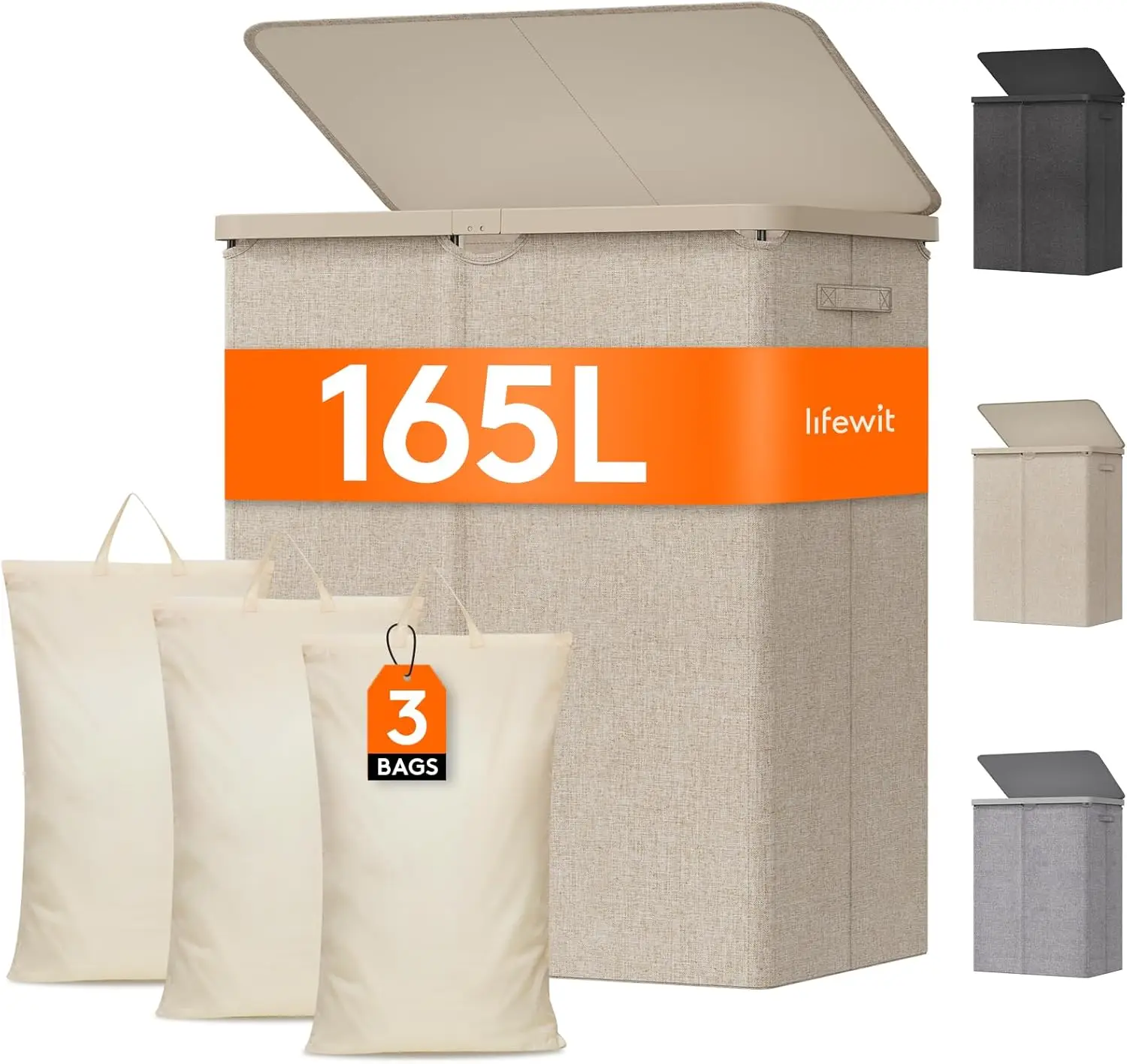 

Большая корзина для белья на 165 л с крышкой, складная корзина для грязного белья со съемными мешками для сортировки одежды в спальне, ванной комнате, общежитии