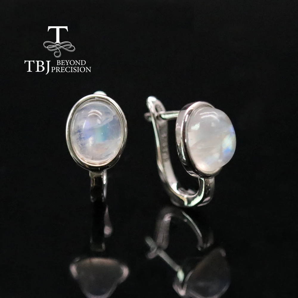 Natural blue moonstone oval 7*9mm earrings, white and rose 925 sterling silver simple ladies daily wear jewelry