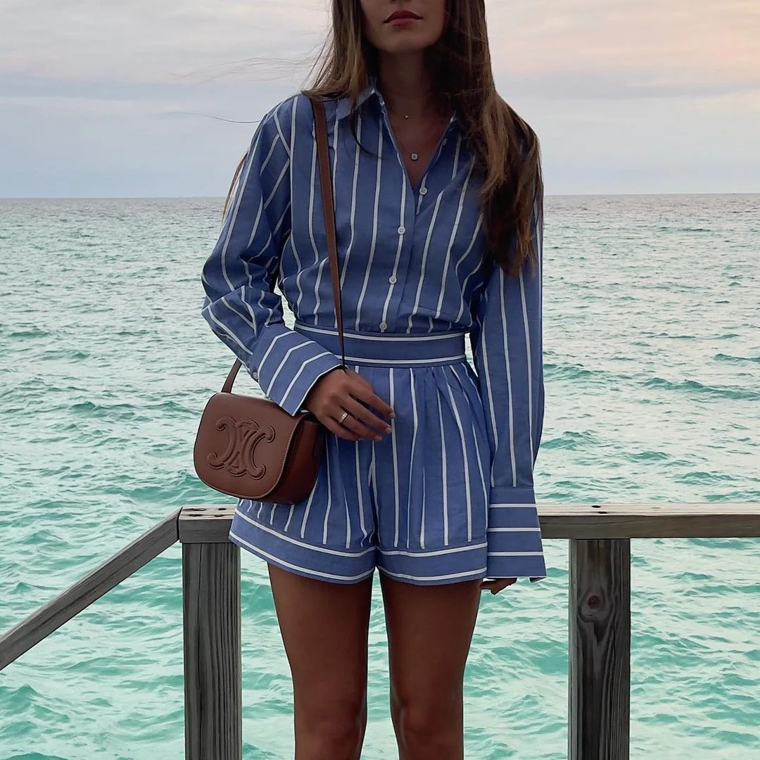 Striped Long Sleeve Turn Down Collar Button Cotton Long Shirts Tops and Shorts Summer Women Clothing Loose Casual Two Pieces Set