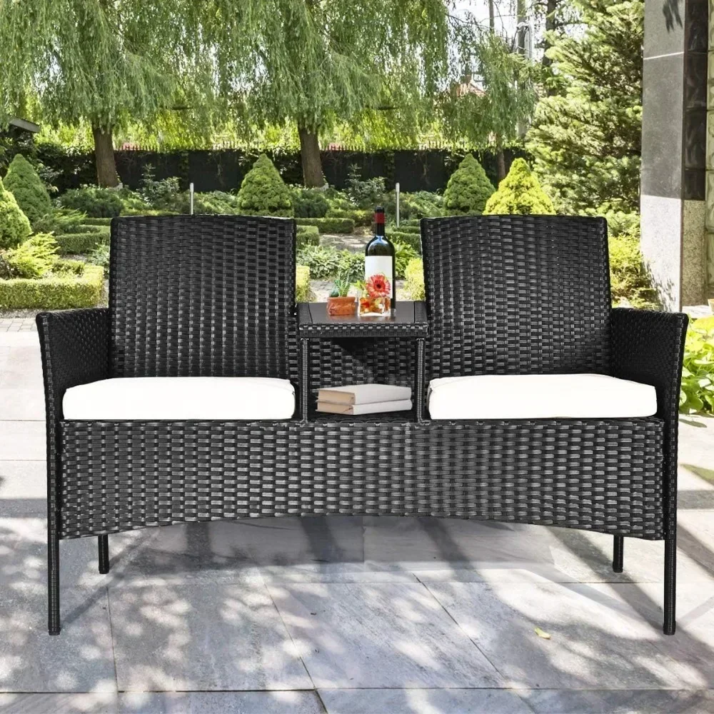 Wicker Patio Gesprächs möbel Set, Gartenmöbel Set mit abnehmbaren Kissen & Tisch, gehärtetes Glas