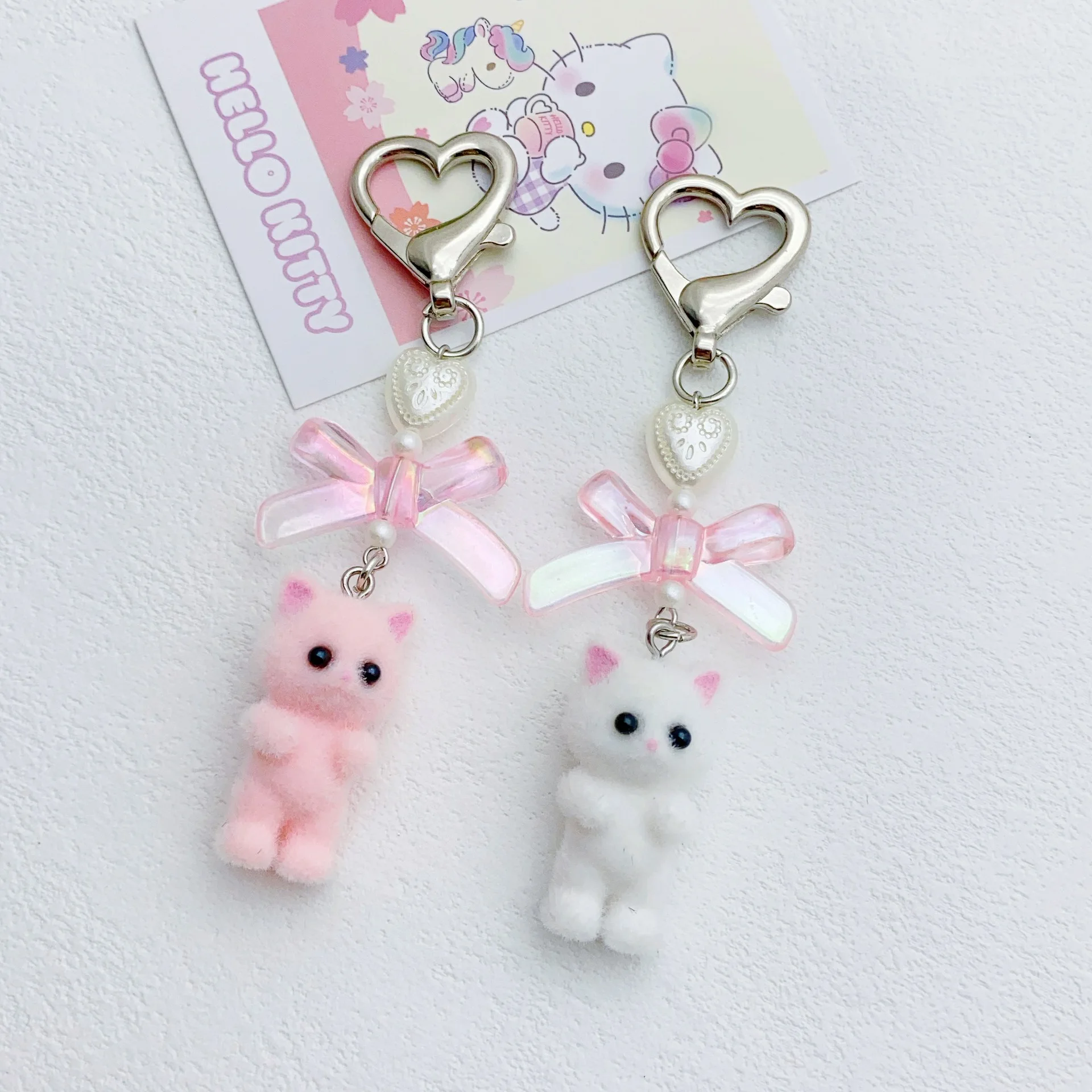 Flocking Bear Cat Pendant Keychain Heart Bow Shaped Key Chain Bowknot Keyring Jewelry Camera Bag Decors Handmade Gift image 3