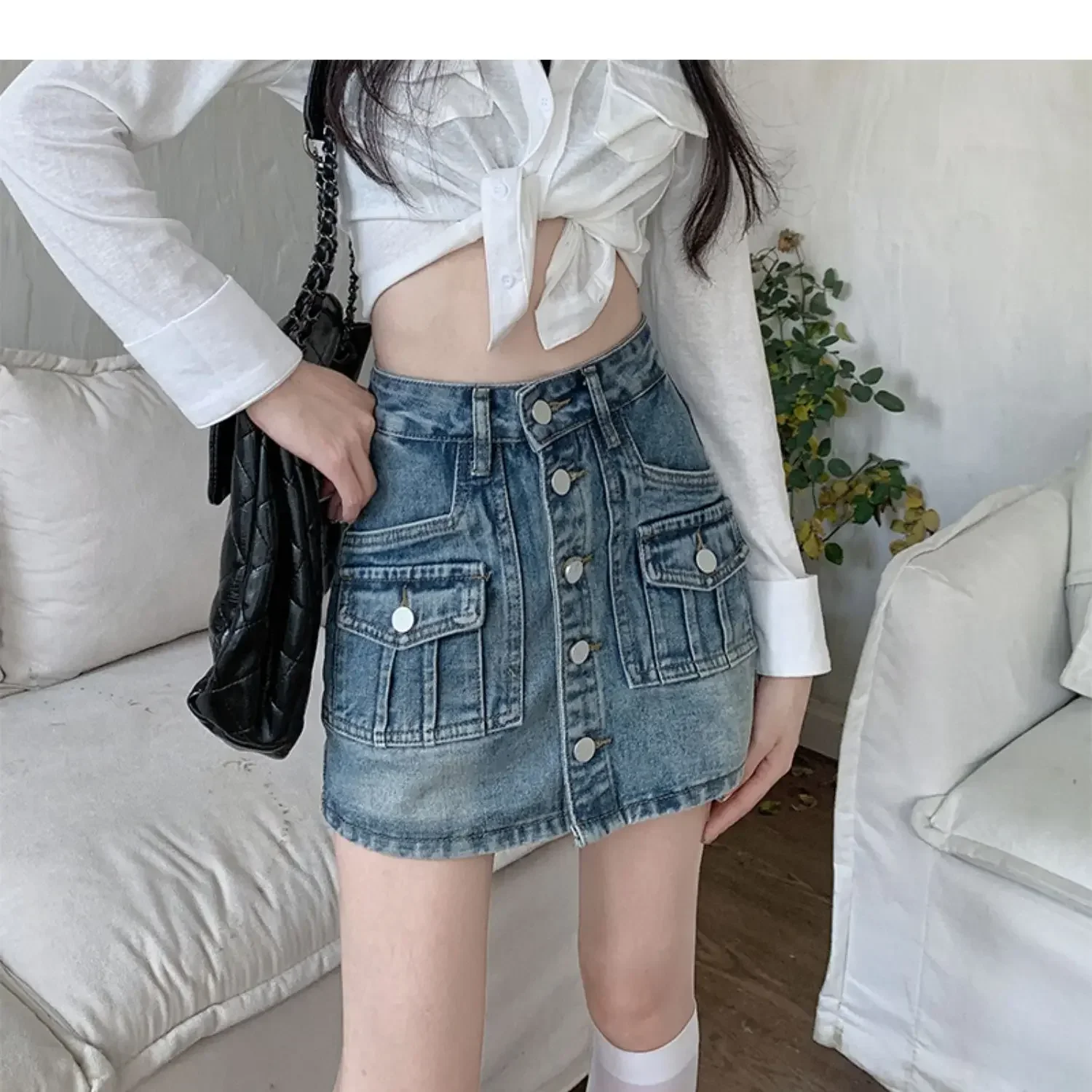 Plus Size Vintage High-waisted Slimming Denim Skirt American Style Petite Shorts For Women Plus-size A- line Hip Covering