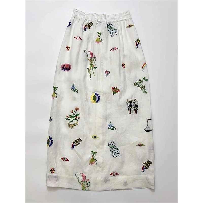 Summer Beige Soft Linen A-line Skirt Women High Waist Fun Print Front Button Split Wrapped Hip Long Skirt Brand