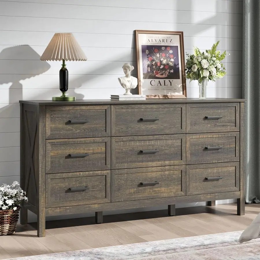 Cômoda para quarto, cômoda com 9 gavetas com textura natural, cômoda larga rústica de madeira para quarto, corredor, entrada, marrom escuro
