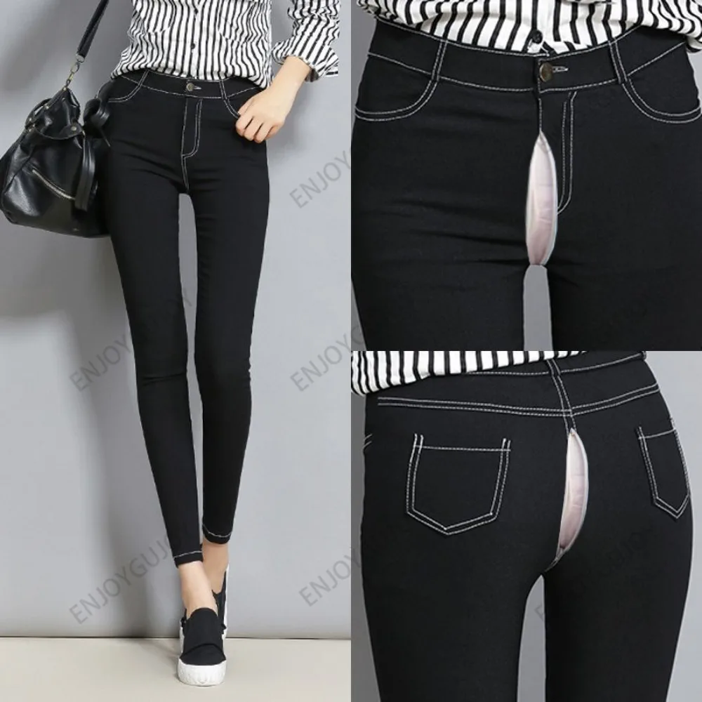 Calças Lápis Virilha Aberta Invisível, Sexo Estudante Ao Ar Livre, Cintura Alta, Linha Elástica Branca Imitação Denim Leggings, Calça Skinny