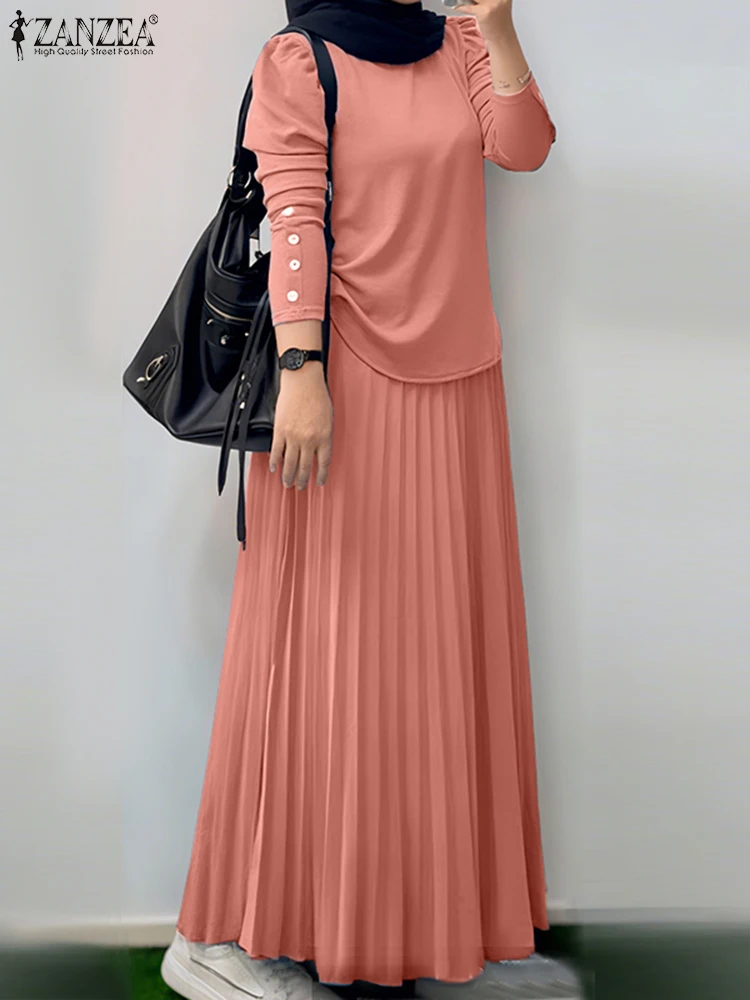 

ZANZEA Hijabi Скромные комплекты из 2 предметов Мусульманские исламские плиссированные макси-юбки и блузки с длинными рукавами со рюшами, костюмы из 2 предметов, наряды 4 цвета