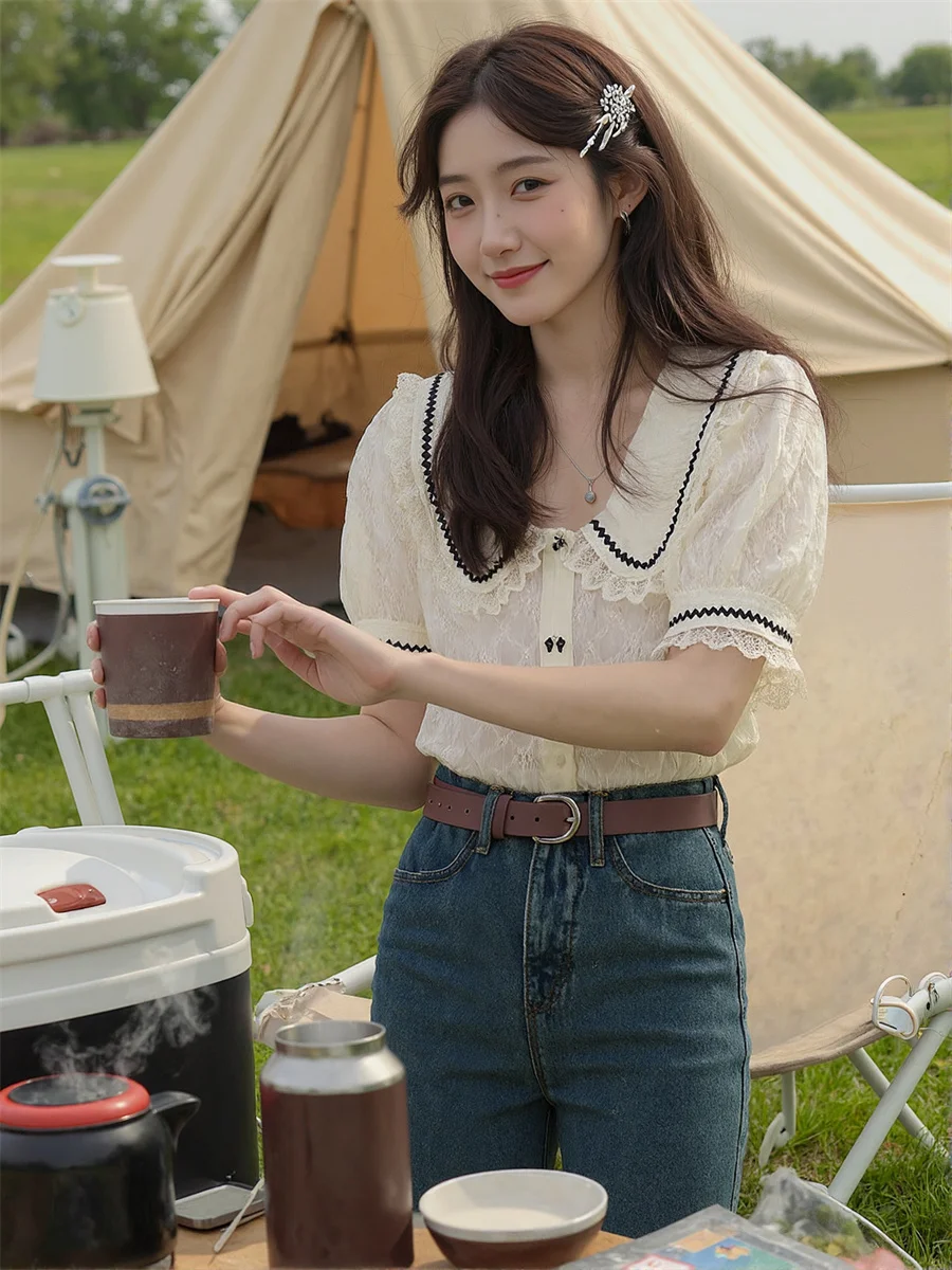 Nette Spitze Shirts Mädchen Blusen Kleidung Für Frauen Herbst Süße Kragen Gymnasium Schnell Trocknend Atmen Kurzen Stil All-Match täglich