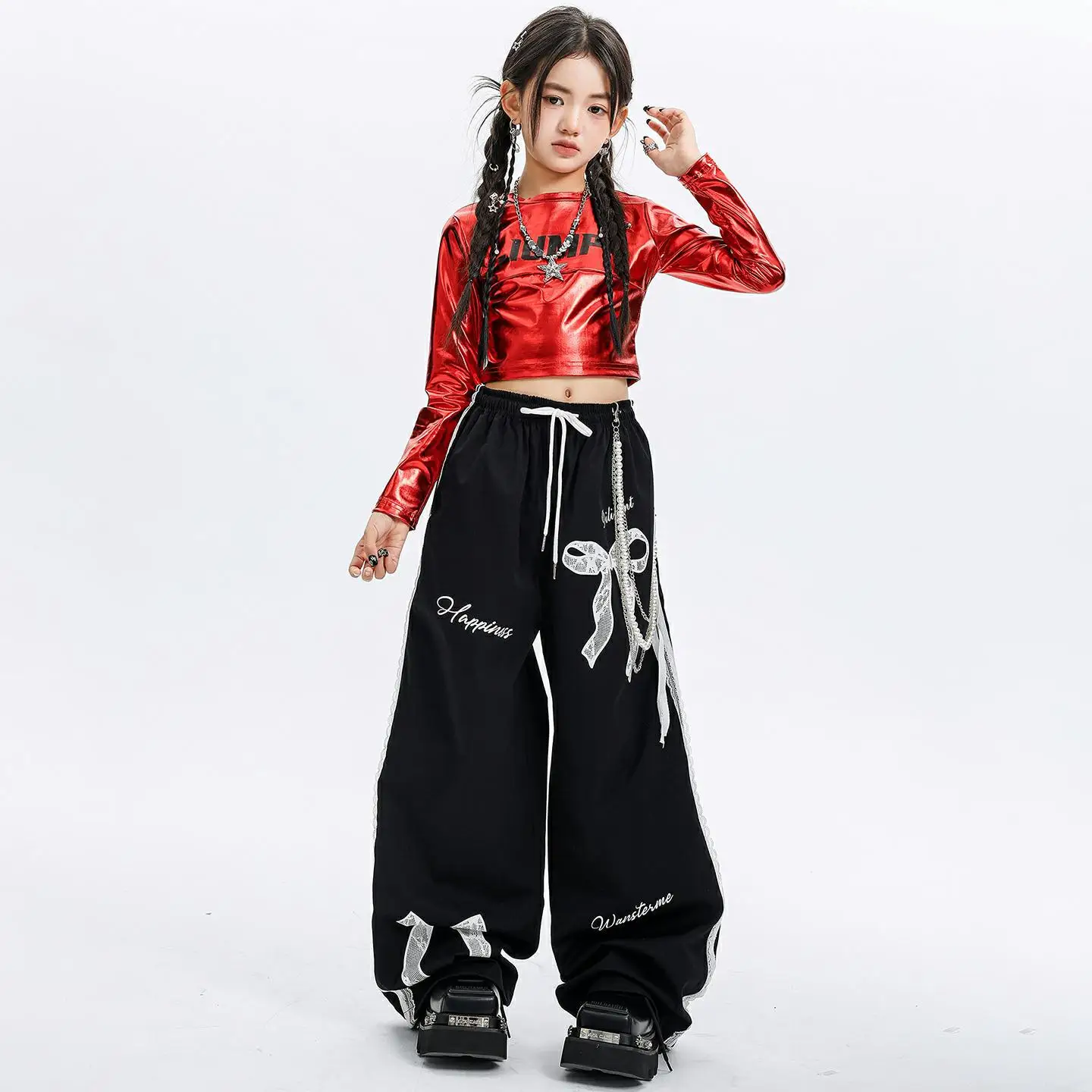 

Детская одежда в стиле хип-хоп Kpop, красная металлическая укороченная футболка с длинными рукавами, черные повседневные кружевные полосатые брюки для девочек, танцевальные костюмы, одежда