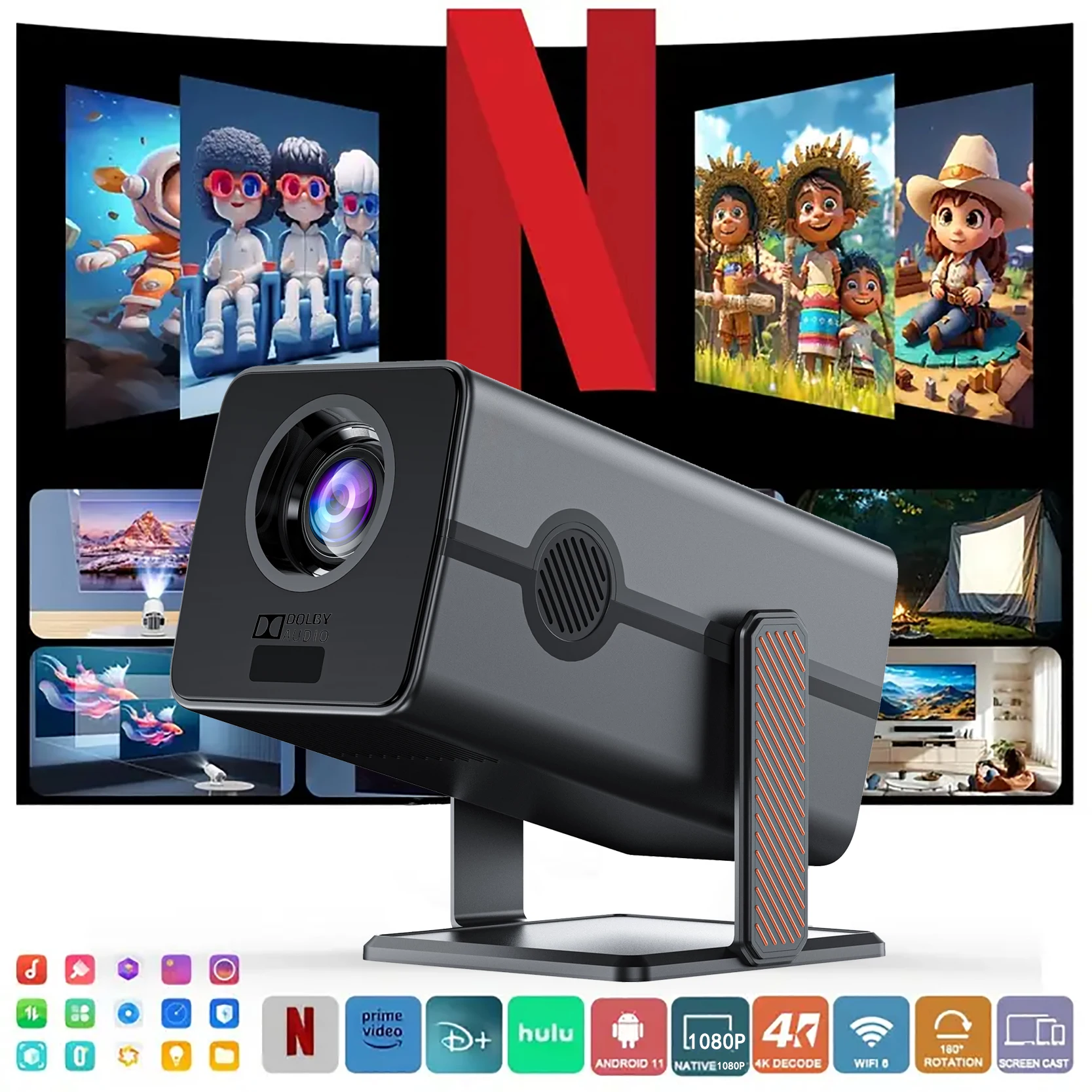 

Digital Projector 1080P HD Suppor 4k Projectors Smart Voice Remote Control Android Wifi Bluetooth Plus Console Portable Projecto