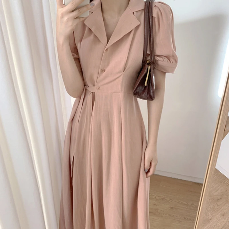 Ele été Chic col t-shirt bouton côté cravate taille bulle Sve lin Dr femmes taille haute printemps trajet Sle