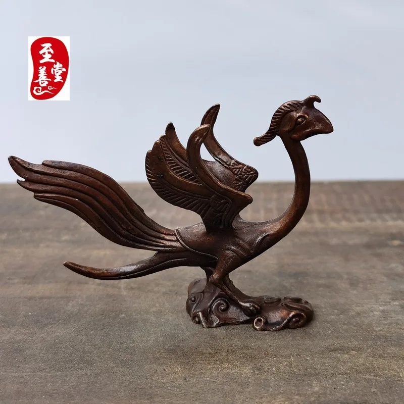 Antique Collection: Old Patina Alloy Bronze Living Room Decorative Ornament - Mythical Creature Zhuque9.5x6.8CM