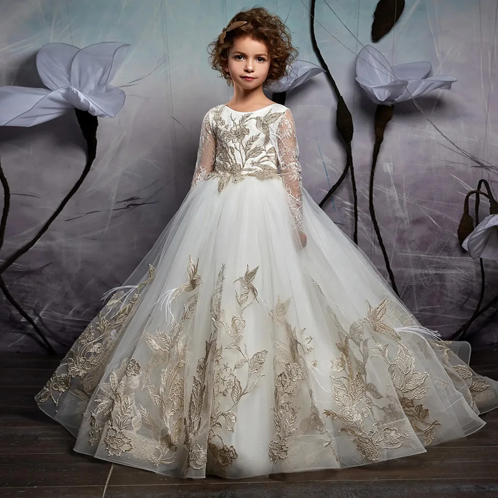 Customized Long Tulle Flower Girls Dresses Lace Appliques Sequined Pageant Gowns A-Line Illusion Full Sleeves Backless Birthday