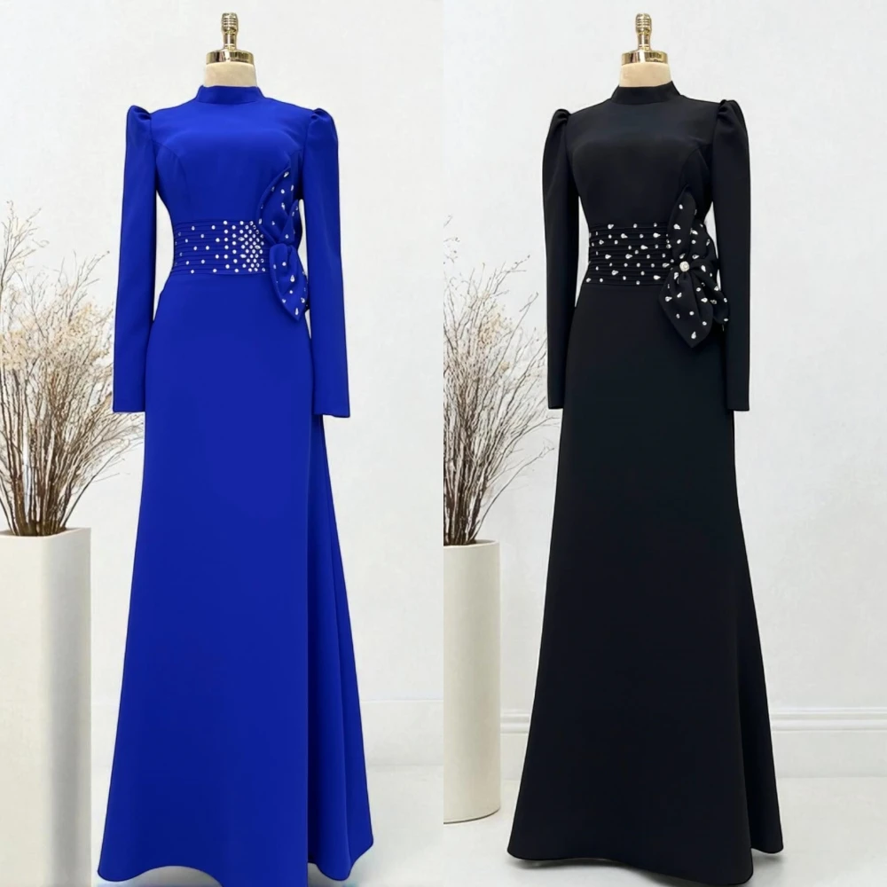 

Customized Jersey Rhinestone Bow Classic High Collar A-line Long Dresses Bespoke Occasion Formal Evening Glitter