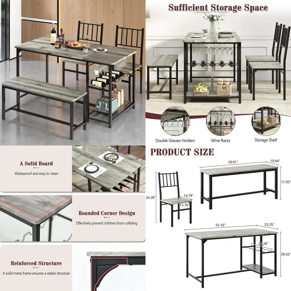 Kitchen Dining Table Set for 4 with Storage Shelf, Wine Rack, and Glass Holder, 55-inch Space-Saving Solution